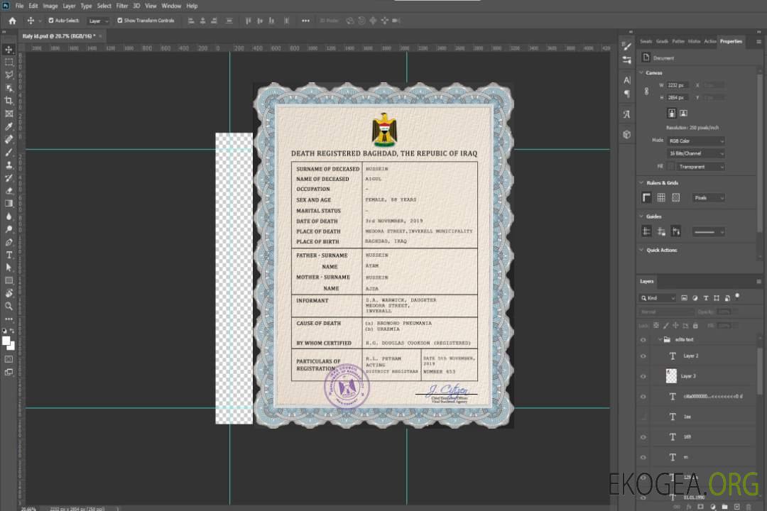 Modèle PSD de certificat de décès d'état civil en Irak template